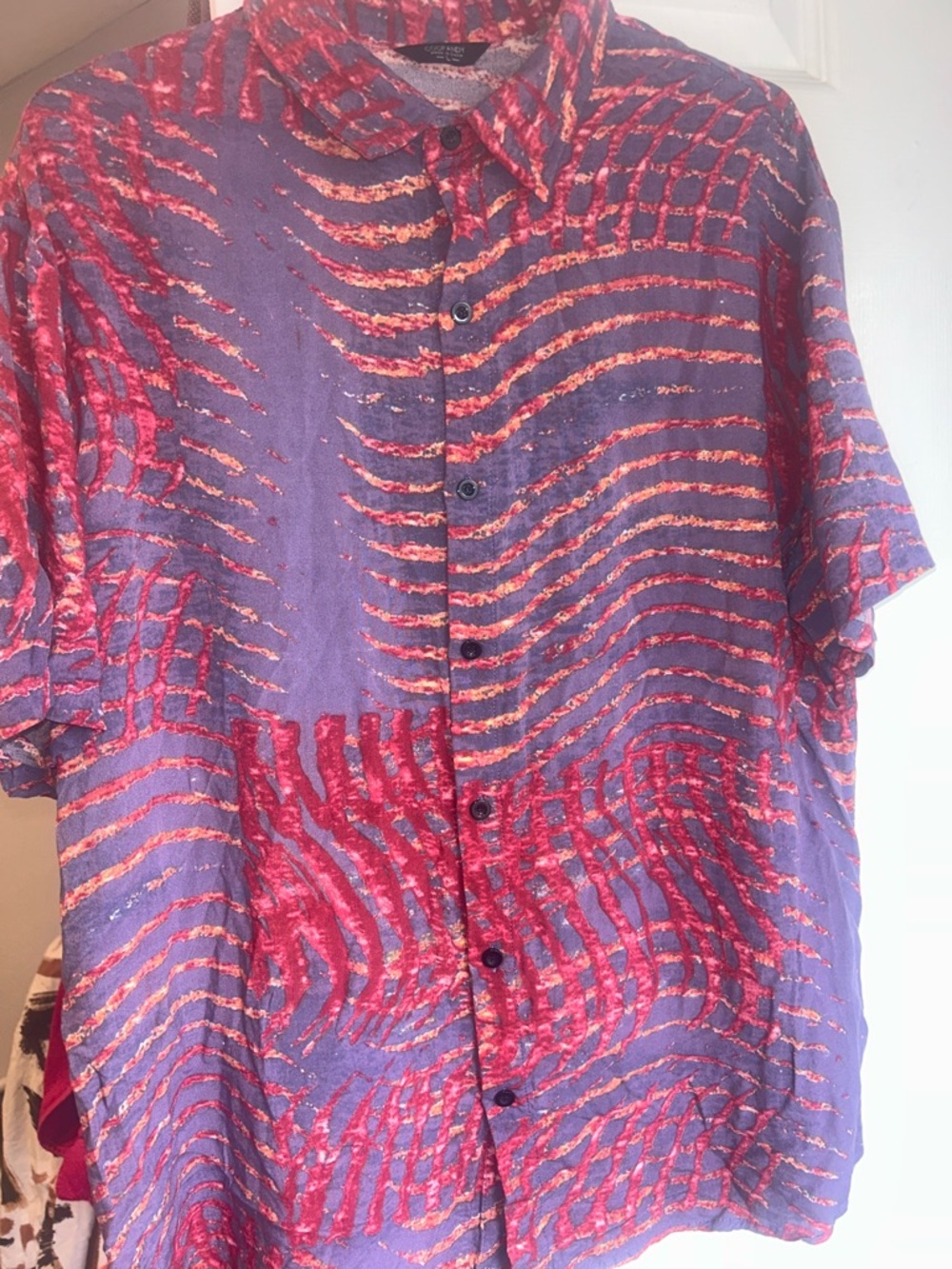 Men's Short-Sleeve Button-Down Shirt in Purple with Red Pattern